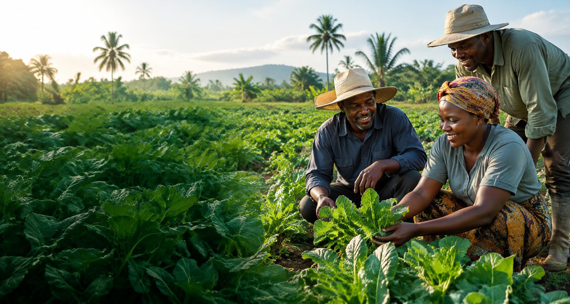 Ghanaian farmers harvesting green crops together on a lush farm